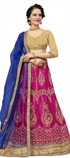 Party Wear, Reception Pink and Majenta color Lehenga in Net fabric with A Line Embroidered, Stone, Thread, Zari work : 1726227