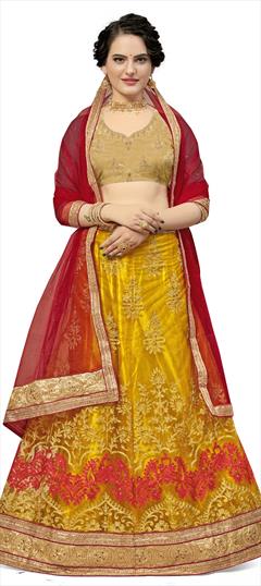 Party Wear, Reception Yellow color Lehenga in Net fabric with A Line Embroidered, Stone, Thread, Zari work : 1726230