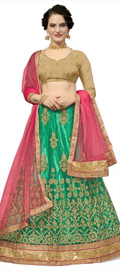 Party Wear, Reception Green color Lehenga in Net fabric with A Line Embroidered, Stone, Thread, Zari work : 1726234