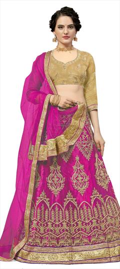 Party Wear, Reception Pink and Majenta color Lehenga in Net fabric with A Line Embroidered, Stone, Thread, Zari work : 1726236