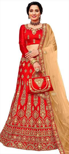 Festive, Party Wear Red and Maroon color Lehenga in Satin Silk fabric with A Line Embroidered, Stone, Thread, Zari work : 1726243