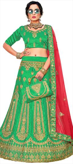 Festive, Party Wear Green color Lehenga in Satin Silk fabric with A Line Embroidered, Stone, Thread, Zari work : 1726246