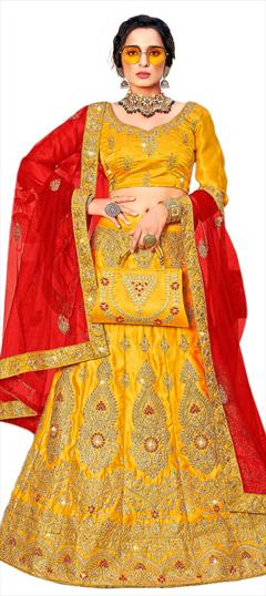 Festive, Party Wear Yellow color Lehenga in Satin Silk fabric with A Line Embroidered, Stone, Thread, Zari work : 1726248