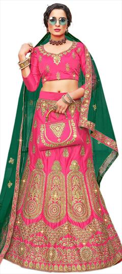 Festive, Party Wear Pink and Majenta color Lehenga in Satin Silk fabric with A Line Embroidered, Stone, Thread, Zari work : 1726250