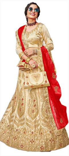 Festive, Party Wear Beige and Brown color Lehenga in Satin Silk fabric with A Line Embroidered, Stone, Thread, Zari work : 1726251
