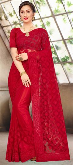 Festive, Party Wear, Reception Red and Maroon color Saree in Net fabric with Classic Embroidered, Moti, Resham, Stone, Thread work : 1726268