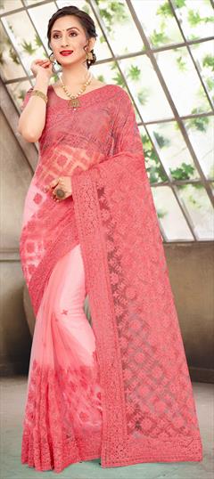 Festive, Party Wear, Reception Pink and Majenta color Saree in Net fabric with Classic Embroidered, Moti, Resham, Stone, Thread work : 1726286