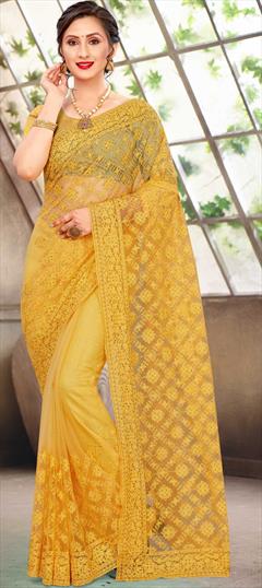 Festive, Party Wear, Reception Yellow color Saree in Net fabric with Classic Embroidered, Moti, Resham, Stone, Thread work : 1726289