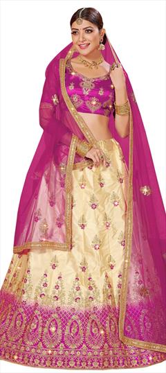 Party Wear, Reception Beige and Brown, Pink and Majenta color Lehenga in Satin Silk fabric with A Line Embroidered, Stone, Thread, Zari work : 1726320