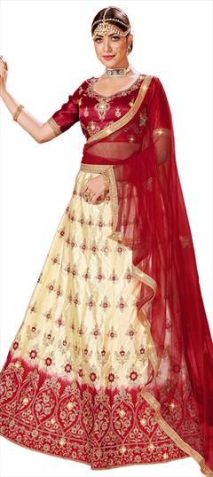 Party Wear, Reception Beige and Brown, Red and Maroon color Lehenga in Satin Silk fabric with A Line Embroidered, Stone, Thread, Zari work : 1726323