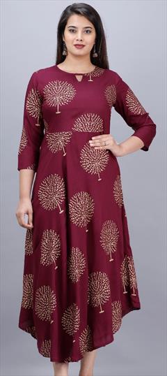 Casual Red and Maroon color Kurti in Rayon fabric with Asymmetrical, Long Sleeve Printed work : 1726479