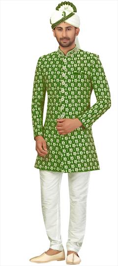 Green color Sherwani in Art Silk fabric with Printed work : 1726883