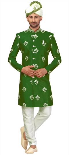 Green color Sherwani in Art Silk fabric with Printed work : 1726888