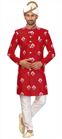Red and Maroon color Sherwani in Art Silk fabric with Printed work : 1726892