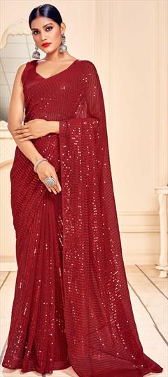 Festive, Party Wear Red and Maroon color Saree in Georgette fabric with Classic Sequence work : 1726947