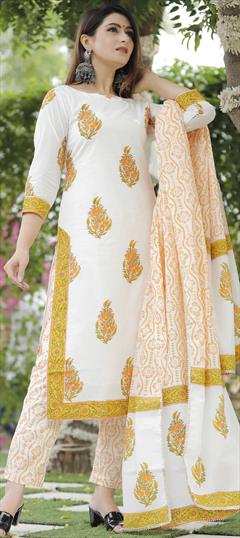 Festive, Party Wear White and Off White color Salwar Kameez in Cotton fabric with Straight Printed work : 1727138
