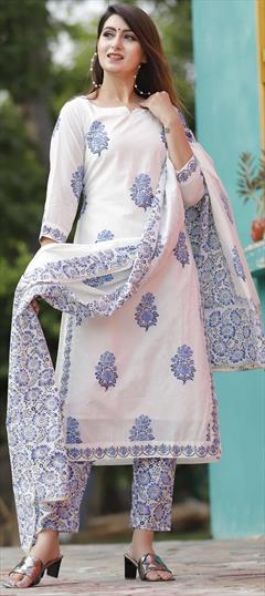Festive, Party Wear White and Off White color Salwar Kameez in Cotton fabric with Straight Printed work : 1727141