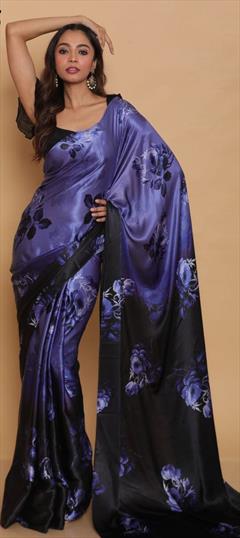 Traditional Purple and Violet color Saree in Satin Silk, Silk fabric with South Digital Print, Floral work : 1727485