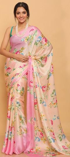 Casual, Traditional Pink and Majenta color Saree in Satin Silk, Silk fabric with South Digital Print, Floral work : 1727492
