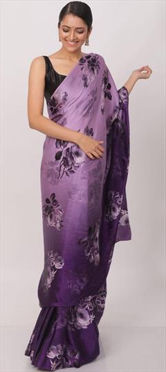Casual, Traditional Purple and Violet color Saree in Satin Silk, Silk fabric with South Digital Print, Floral work : 1727496
