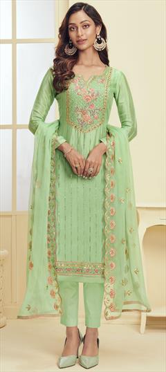 Festive, Party Wear Green color Salwar Kameez in Georgette fabric with Straight Embroidered, Sequence, Stone, Thread, Zari work : 1727816