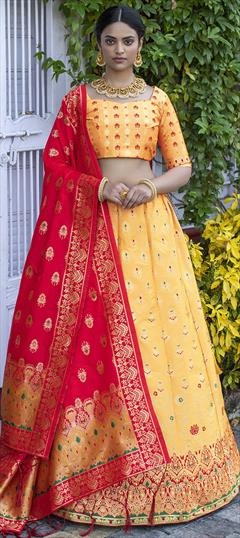 Mehendi Sangeet, Reception Yellow color Lehenga in Art Silk fabric with A Line Weaving work : 1728533