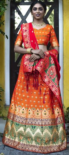 Mehendi Sangeet, Reception Orange color Lehenga in Art Silk fabric with A Line Weaving work : 1728534