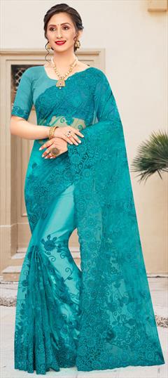 Festive, Party Wear, Reception Blue color Saree in Net fabric with Classic Embroidered, Resham, Stone, Thread work : 1728625
