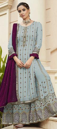 Engagement, Party Wear Black and Grey color Salwar Kameez in Georgette fabric with Palazzo Embroidered, Mirror, Thread work : 1728662