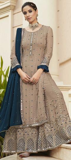 Engagement, Party Wear Beige and Brown color Salwar Kameez in Georgette fabric with Palazzo Embroidered, Mirror, Thread work : 1728663