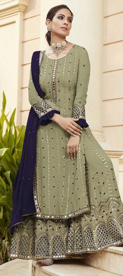 Engagement, Party Wear Green color Salwar Kameez in Georgette fabric with Palazzo Embroidered, Mirror, Thread work : 1728665