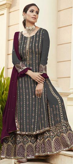 Engagement, Party Wear Black and Grey color Salwar Kameez in Georgette fabric with Palazzo Embroidered, Mirror, Thread work : 1728667