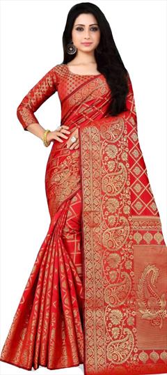 Traditional, Wedding Red and Maroon color Saree in Kanchipuram Silk, Silk fabric with South Weaving work : 1728770
