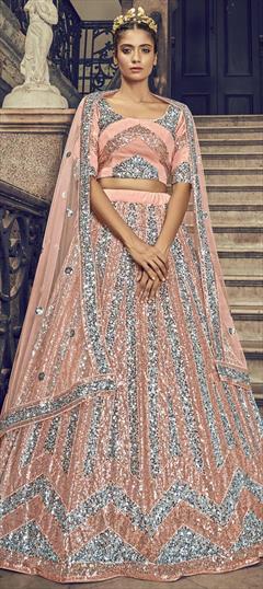 Party Wear, Wedding Pink and Majenta color Lehenga in Net fabric with A Line Sequence work : 1728885