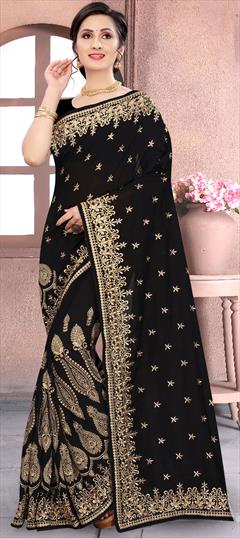 Traditional Black and Grey color Saree in Art Silk, Silk fabric with South Embroidered, Thread, Zari work : 1728958
