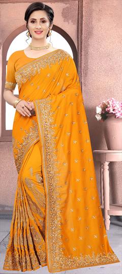 Traditional Yellow color Saree in Art Silk, Silk fabric with South Embroidered, Thread, Zari work : 1728965