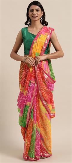 Casual, Festive Multicolor color Saree in Georgette fabric with Classic Bandhej, Gota Patti work : 1729416