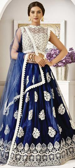 Festive, Wedding Blue color Lehenga in Net fabric with A Line Embroidered, Stone, Thread, Zari work : 1729523