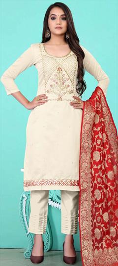 Festive, Party Wear White and Off White color Salwar Kameez in Chanderi Silk fabric with Straight Cut Dana, Embroidered, Moti, Resham, Thread, Zari work : 1729792