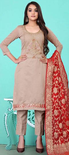 Festive, Party Wear Beige and Brown color Salwar Kameez in Chanderi Silk fabric with Straight Cut Dana, Embroidered, Moti, Resham, Thread, Zari work : 1729794