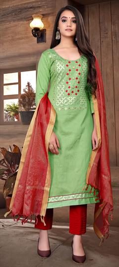 Festive, Party Wear Green color Salwar Kameez in Cotton fabric with Straight Embroidered, Gota Patti, Resham, Stone, Thread work : 1729799