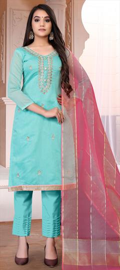 Festive, Party Wear Blue color Salwar Kameez in Chanderi Silk fabric with Straight Stone, Thread work : 1729819