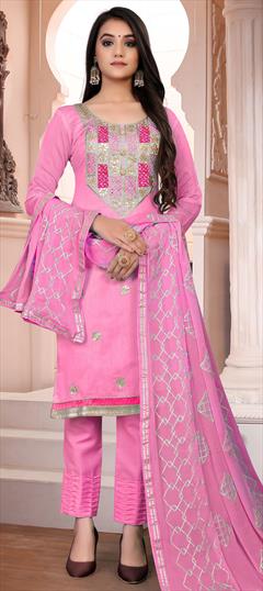 Festive, Party Wear Pink and Majenta color Salwar Kameez in Chanderi Silk fabric with Straight Stone, Thread work : 1729821