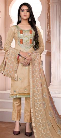 Festive, Party Wear Beige and Brown color Salwar Kameez in Chanderi Silk fabric with Straight Stone, Thread work : 1729827