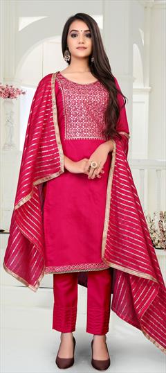 Festive, Party Wear Pink and Majenta color Salwar Kameez in Chanderi Silk fabric with Straight Stone, Thread, Zari work : 1729835