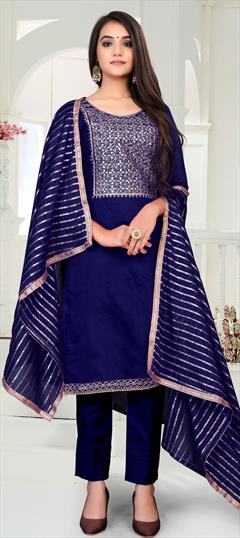 Festive, Party Wear Blue color Salwar Kameez in Chanderi Silk fabric with Straight Stone, Thread, Zari work : 1729839
