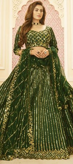 Festive, Mehendi Sangeet, Wedding Green color Lehenga in Satin Silk fabric with A Line Sequence work : 1730062