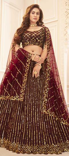 Festive, Mehendi Sangeet, Wedding Red and Maroon color Lehenga in Satin Silk fabric with A Line Sequence work : 1730066