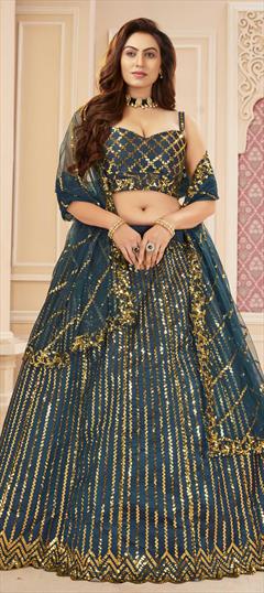 Festive, Mehendi Sangeet, Wedding Blue color Lehenga in Satin Silk fabric with A Line Sequence work : 1730071