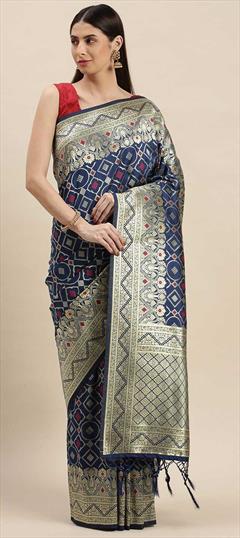 Festive, Traditional, Wedding Blue color Saree in Banarasi Silk, Silk fabric with Rajasthani, South Bandhej, Printed, Weaving work : 1730467